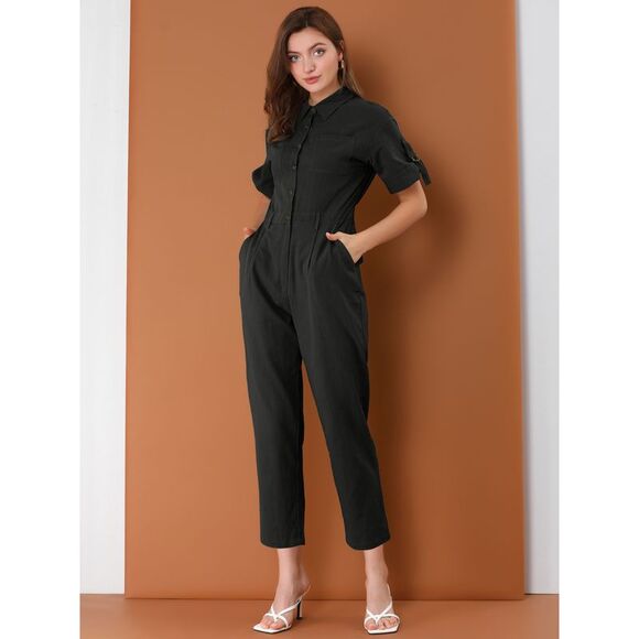 Short Sleeve Collared Cropped Button Down Tie Waist Cotton Cargo Jumpsuit Black - Picture 5 of 6